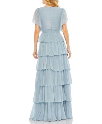 Women's Tiered Flutter Sleeve V-Neck Evening Gown