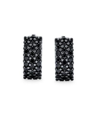 Black Pave CZ Hoop Earrings Small Wide Huggie Sterling Silver Kpop Style