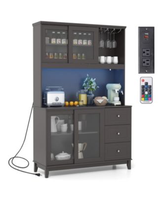 Kitchen Pantry Storage Cabinet Kitchen Hutch with LED lights and Power Outlet