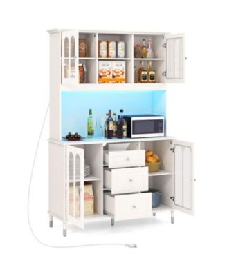 Kitchen Pantry Storage Cabinet Freestanding Buffet Cabinet with LED Lights