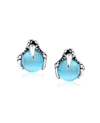 Gothic Punk Rocker Dragon Claw Stud Earrings Aqua Blue Ball Silver Tone