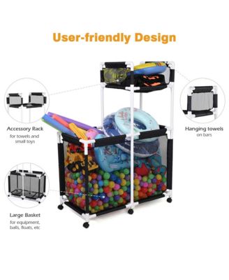 Extra Large Mesh Pool Storage Bin Noodles Holder Toys Organizer,Rolling 6 Wheels,Double Decker Cart