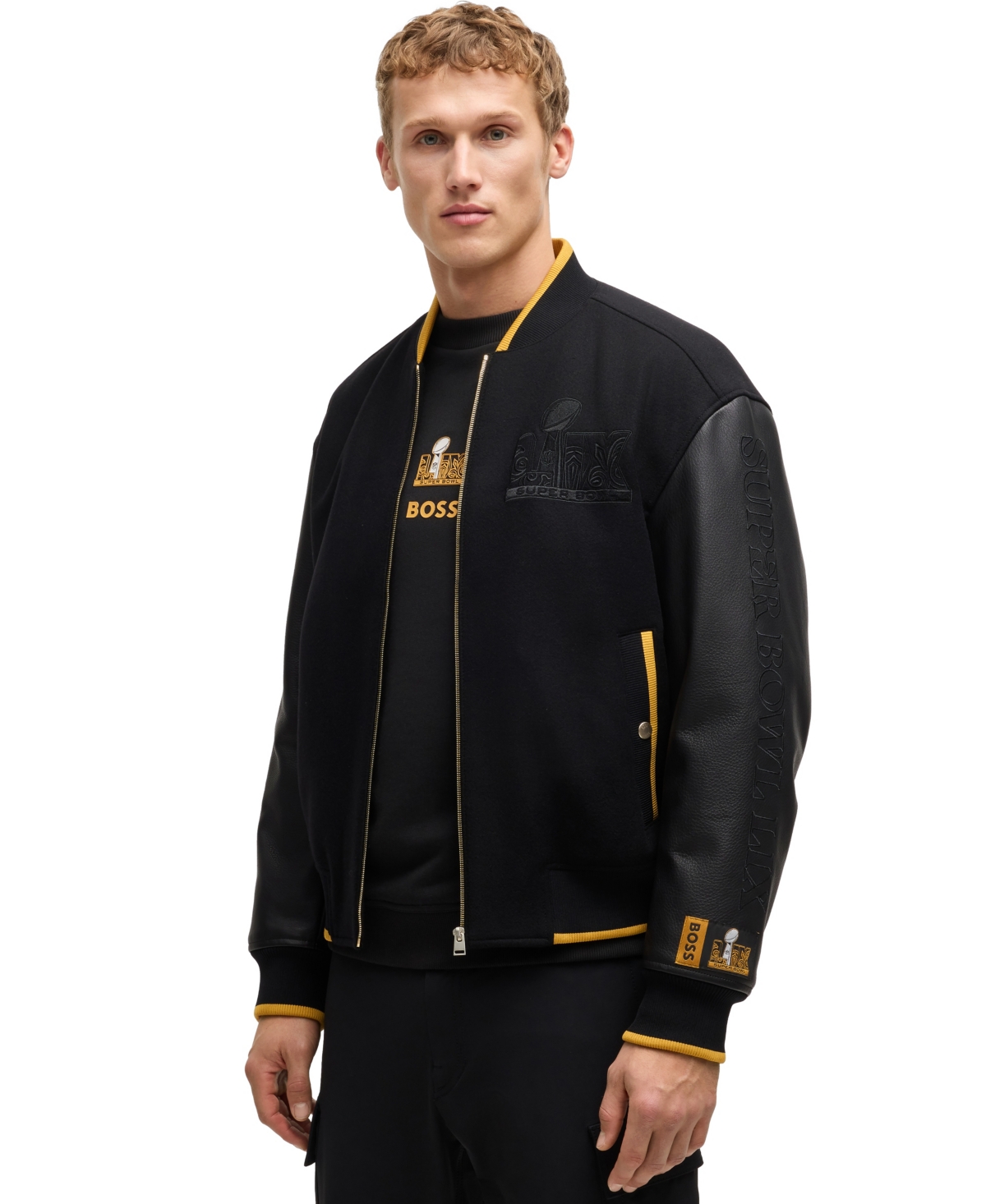 Hugo Boss X Nfl Leather Sleeve Wool-blend Jacket In Black