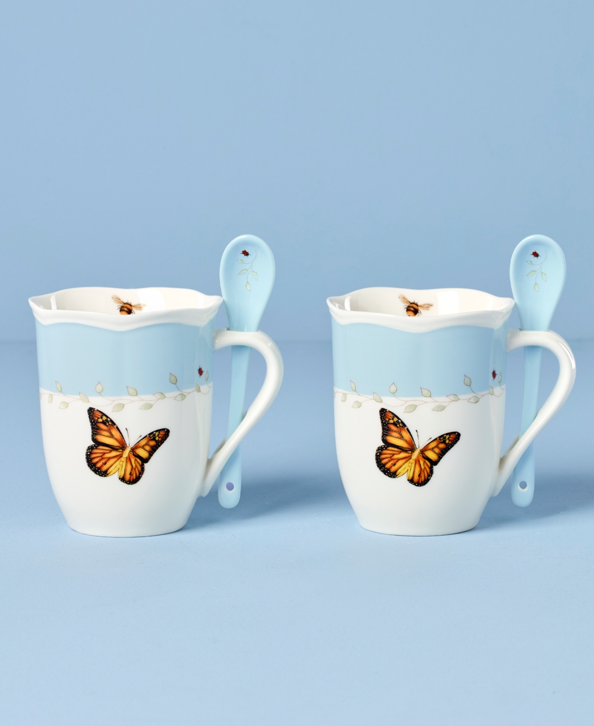 Lenox Butterfly Meadow Mugs With Spoons, Set Of 2 In Blue