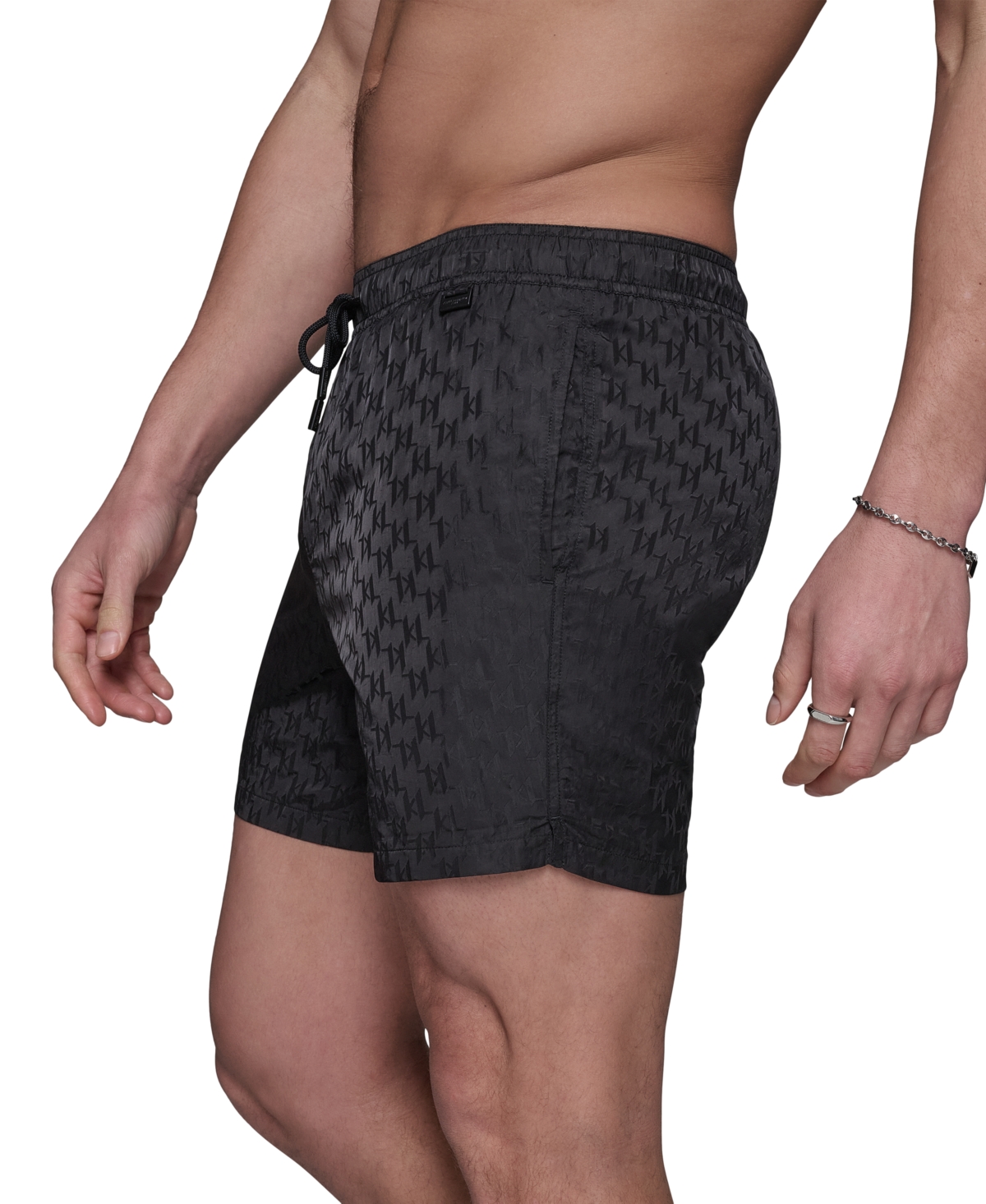 Karl Lagerfeld Men's Euro Volley Jacquard 5" Swimsuit In Black