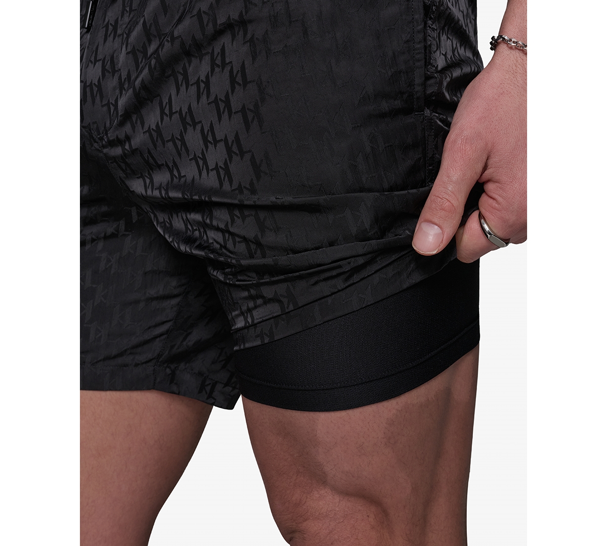 Karl Lagerfeld Men's Euro Volley Jacquard 5" Swimsuit In Black
