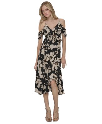 DKNY - Women's Printed Cold-Shoulder Ruffle-Trim Dress