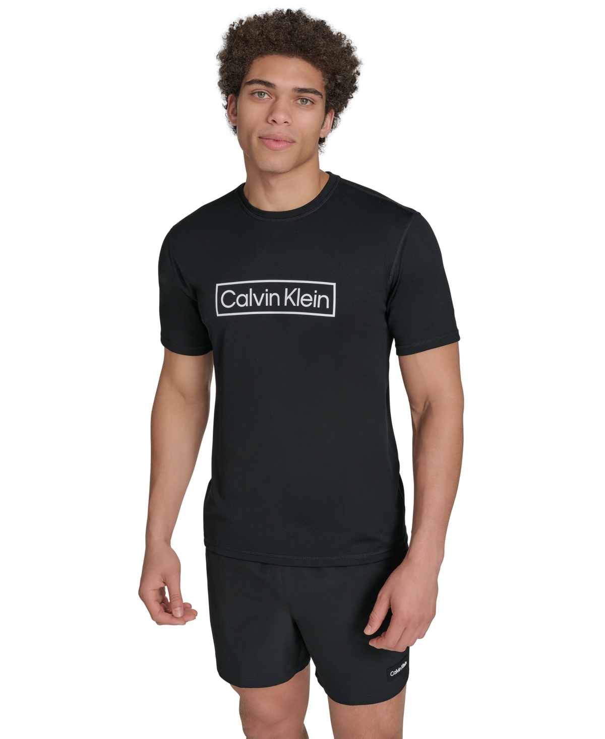 Shop Calvin Klein Men's Logo Short-sleeve Swim Rash Guard In Black