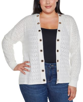 Plus Size Black Label Pointelle and Grommet Open Cardigan Sweater
