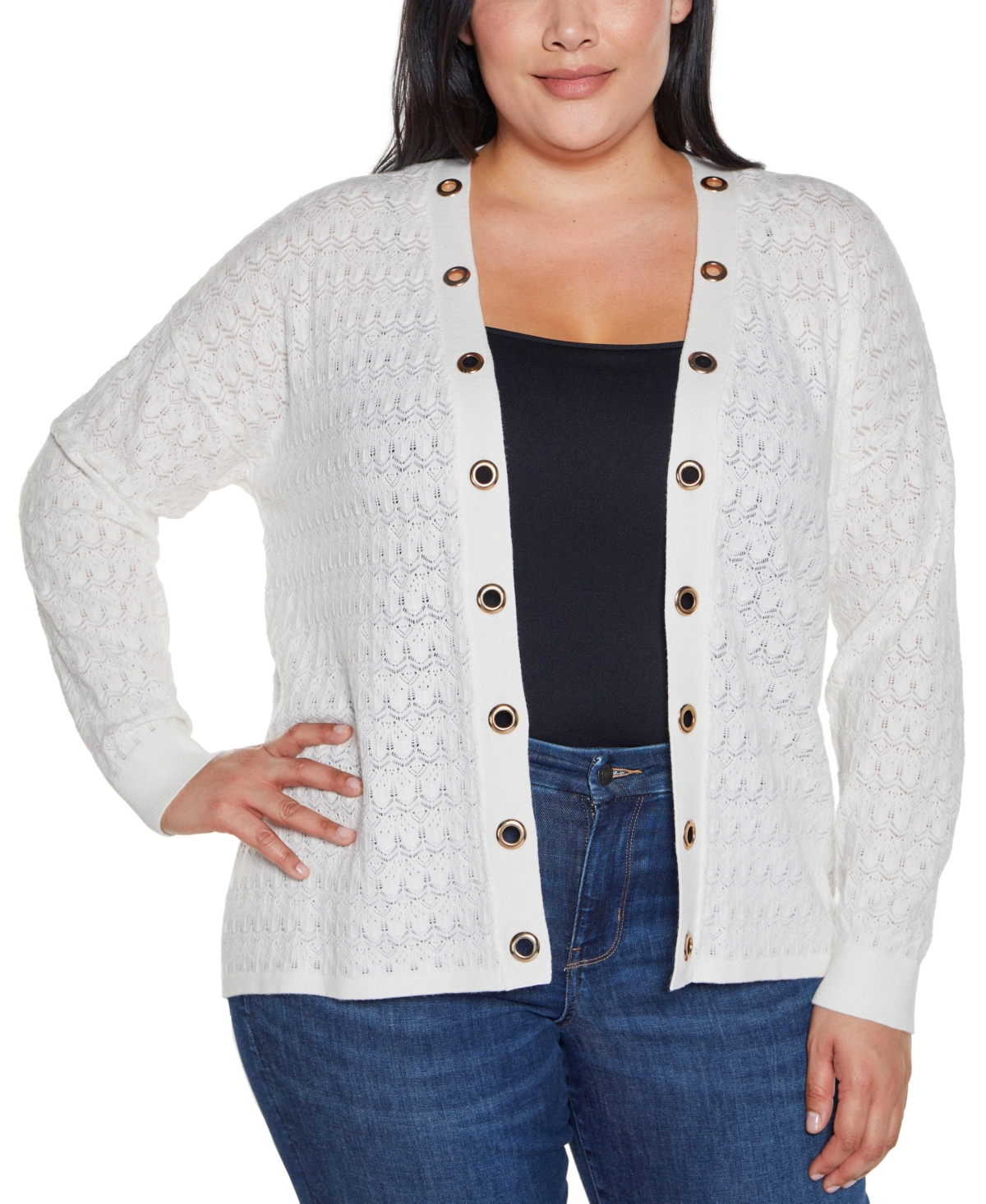 Belldini Plus Size Black Label Pointelle And Grommet Open Cardigan Sweater In Ivory Multi