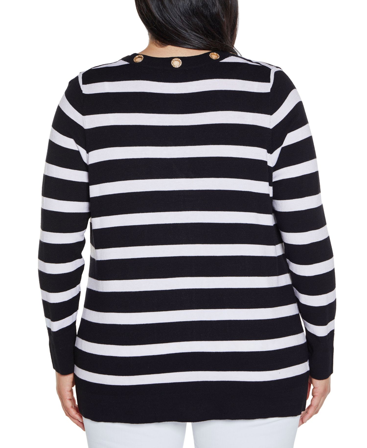 Plus Size Black Label Rhinestone Grommet Striped Open-Front Cardigan Sweater