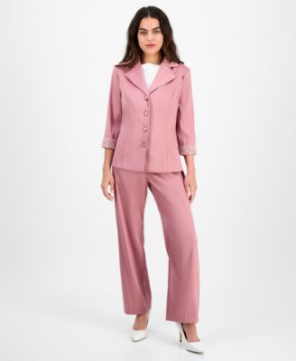 Petite Notched Collar Button Front Blouse Straight Leg Pants