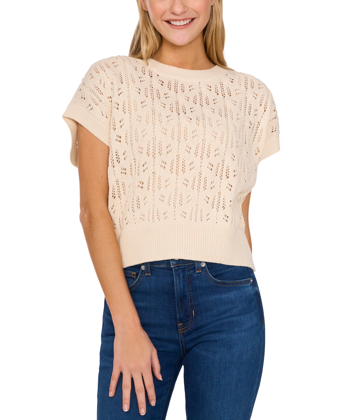 Cece Pointelle Short Sleeve Sweater In Birch