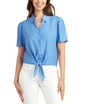 BCX - Juniors' Textured Puff-Sleeve Tie-Front Shirt