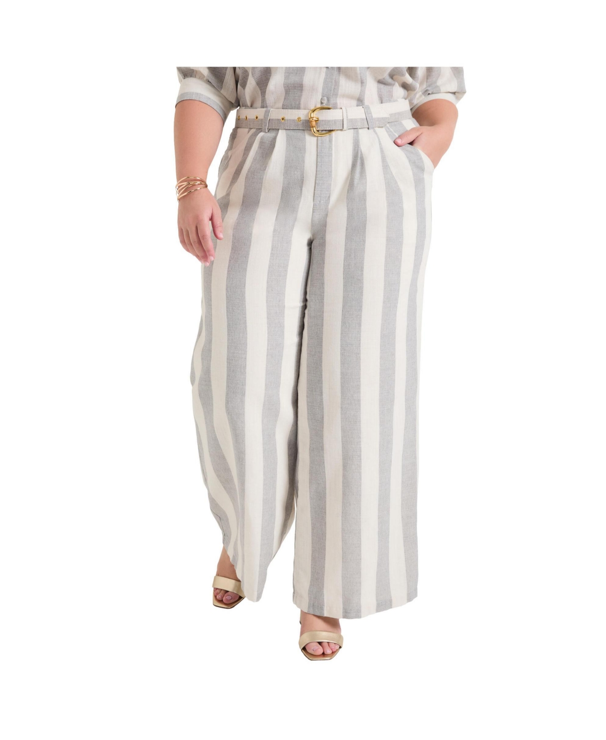 Plus Size June + Vie Curvie Fit High-Waisted Wide-Leg Linen Pant - Stripe