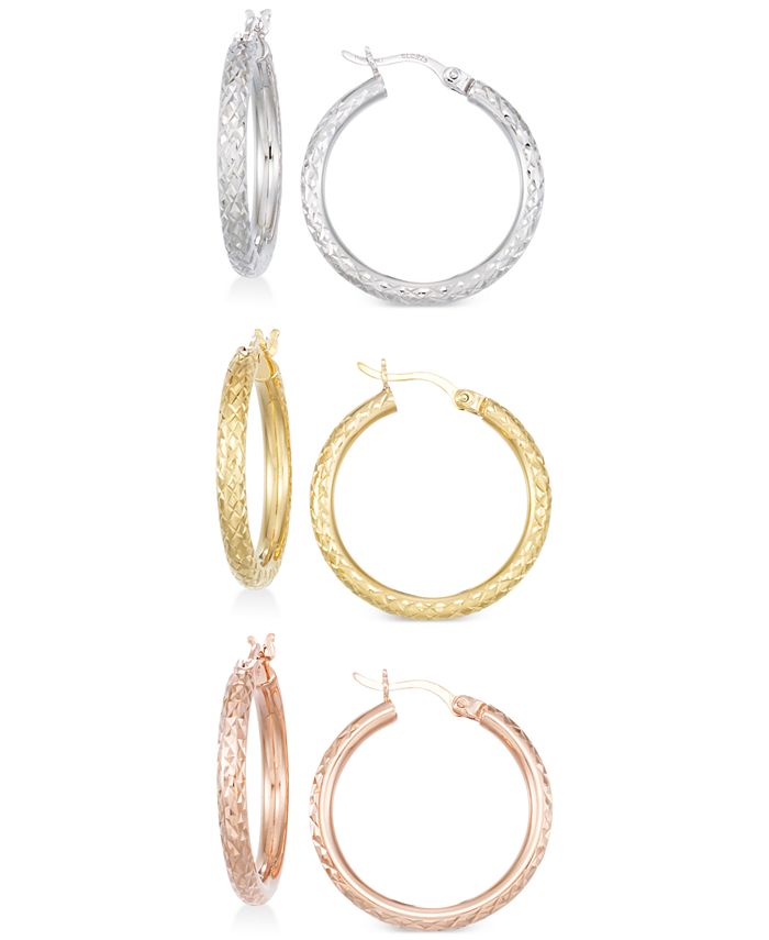 Macy\'s Set of Three Textured Hoop Earrings in 14k Tri-Gold Vermeil and  Sterling Silver - Macy\'s