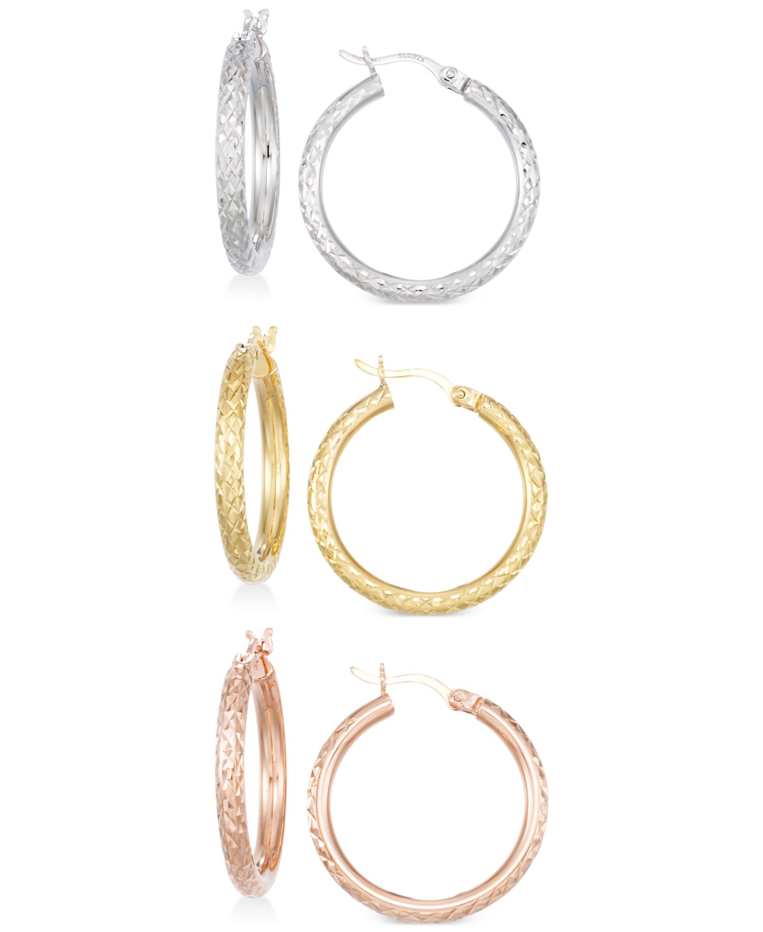 Set of Three Textured Hoop Earrings in 14k Tri-Gold Vermeil and Sterling Silver