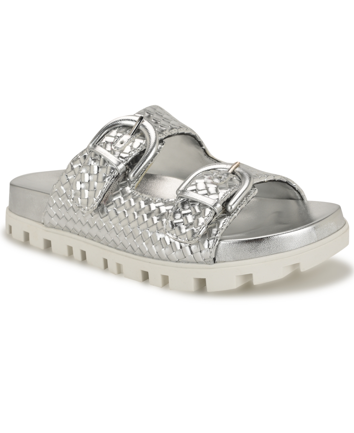 Nine West Women's Tindy Woven Buckle Straps Flat Sandals In Silver