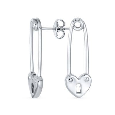 Romantic Heart Lock Safety Pin Drop Earrings .925 Sterling Silver