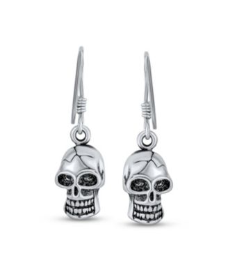 Biker Jewelry Dangle Earrings Pirate Skull Design in Sterling Silver