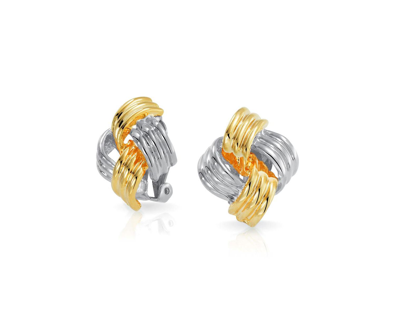 Classic Two Tone Square Infinity Knot Clip On Earrings Gold and Silver Plated
