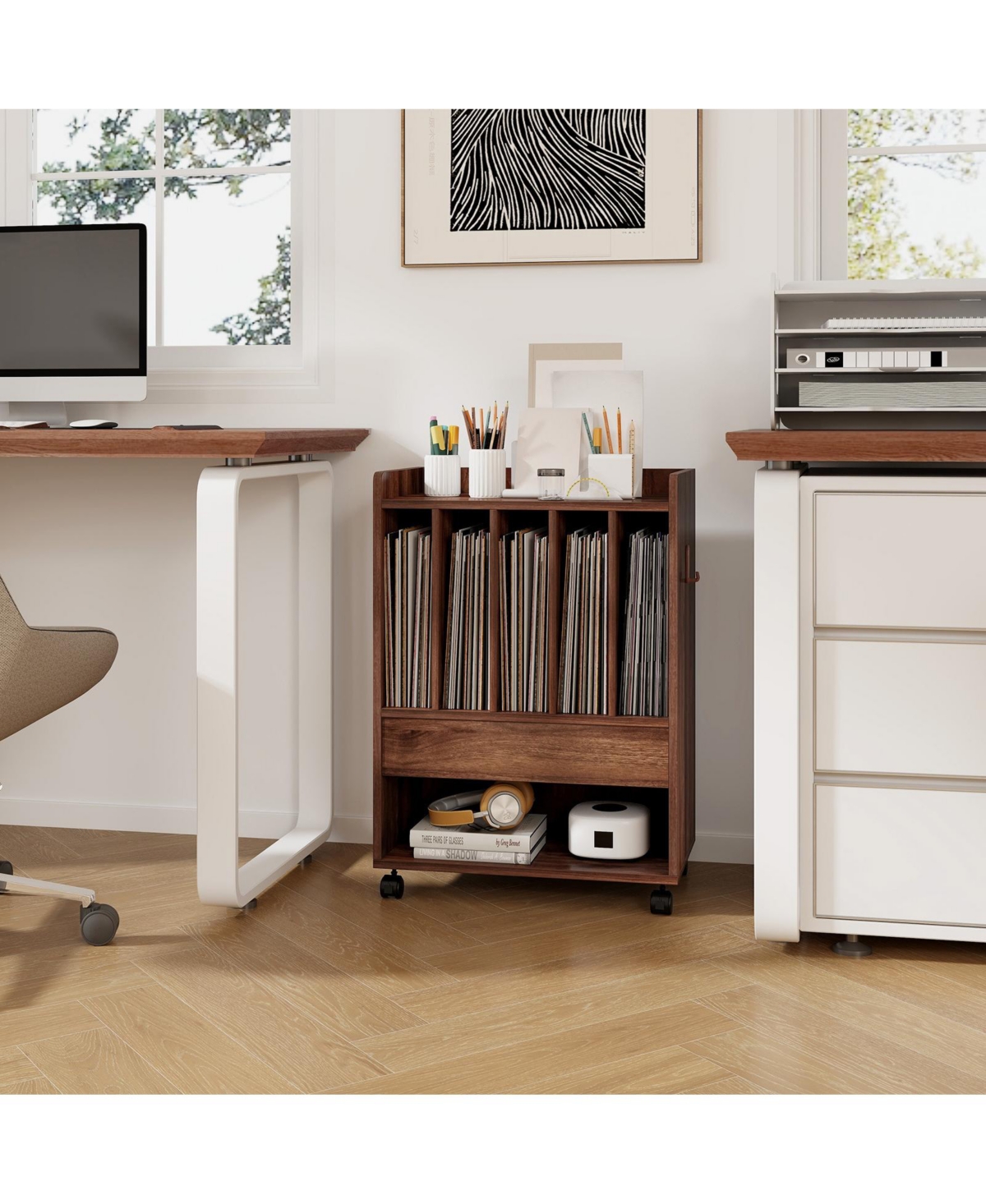 Rolling Turntable Stand with Drawer and Vinyl Storage for Living Room or Bedroom