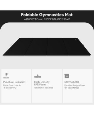 All-Purpose Folding Anti Tear 4 Panel Fitness Mat w/ Sectional Floor Balance Beam for Aerobics & Gymnastics, Black