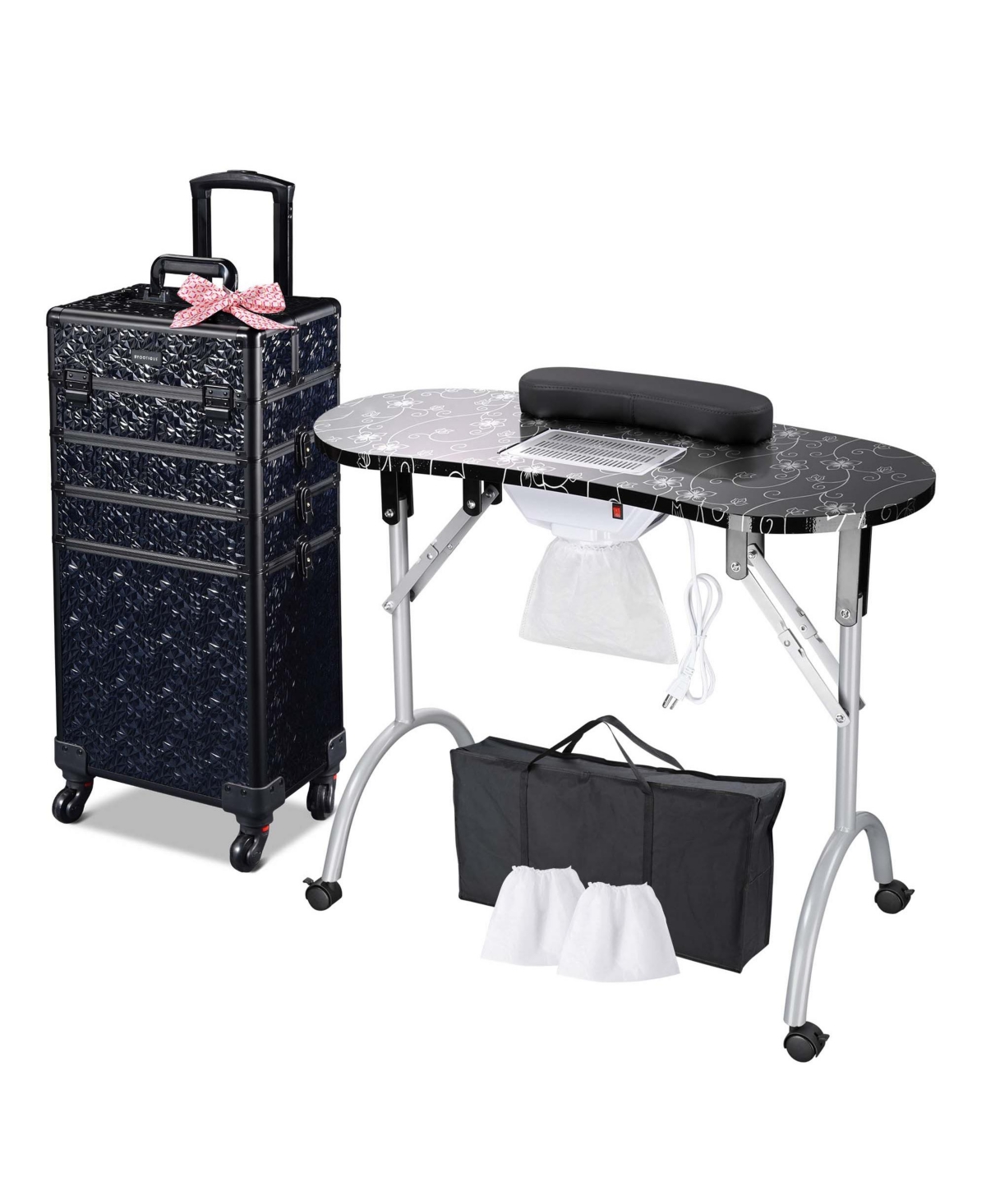 Folding Manicure Nail Table 4in1 Rolling Makeup Case Mermaid Pink - Pink