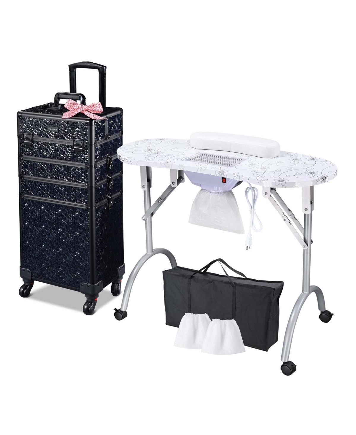 Folding Manicure Nail Table 4in1 Rolling Makeup Case Mermaid Pink - Pink