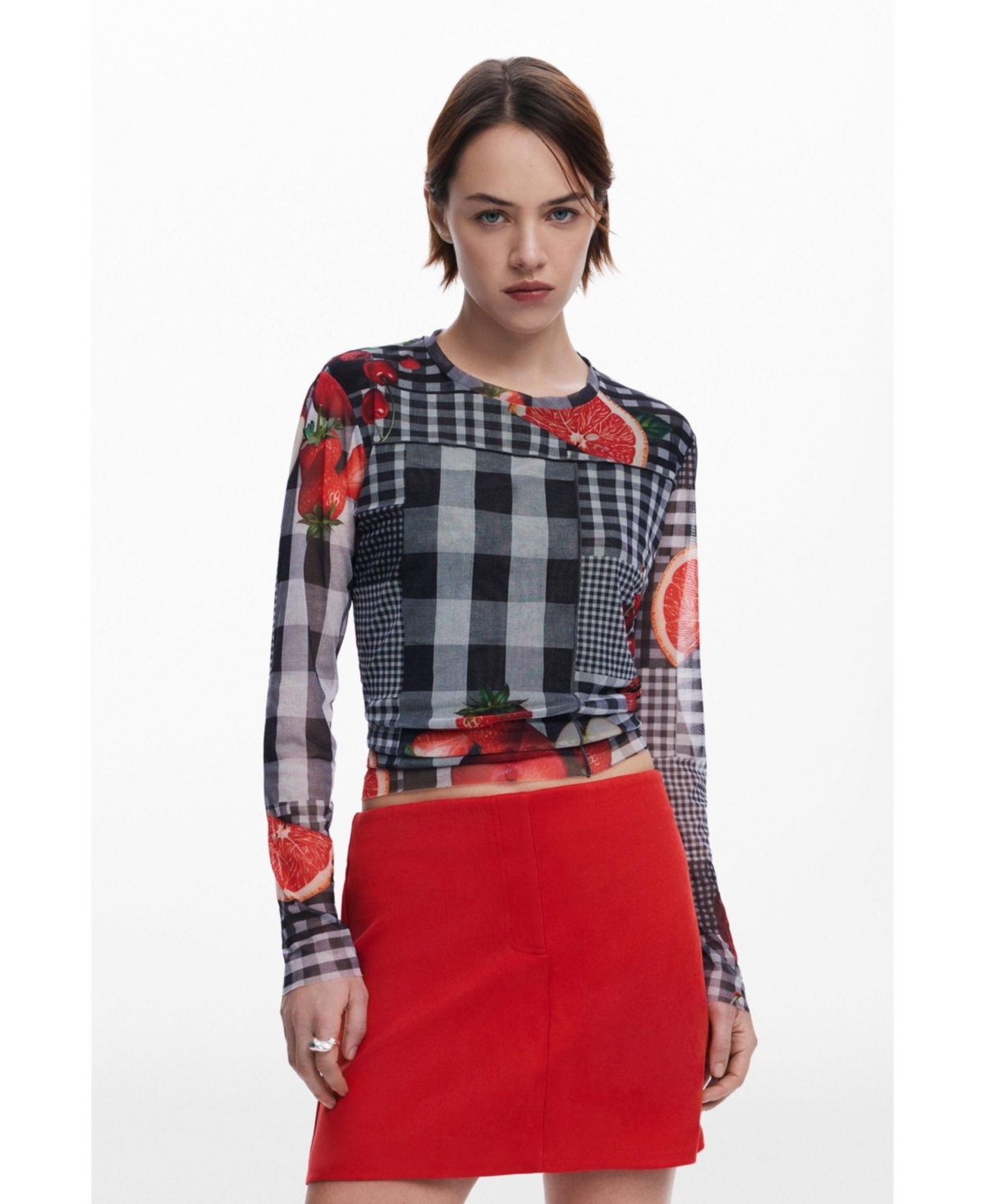 Women's Vichy tulle fruit T-shirt - Black
