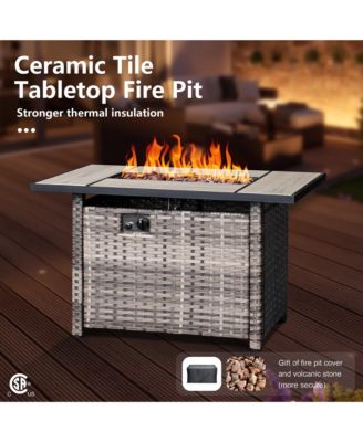 Outdoor Swivel Rocking Chairs Set, Patio Furniture Set with 50,000 BTU Rectangular Propane Fire Pit Table, 7 Pieces High Back Conversation Sofa and Side Table