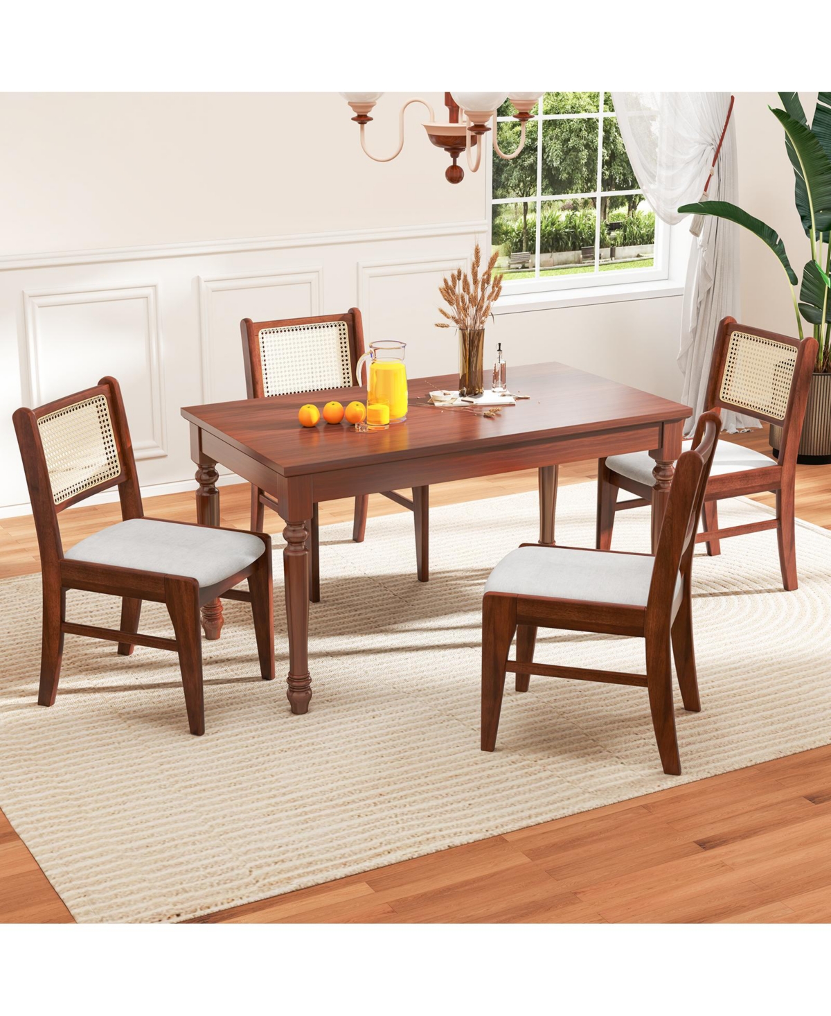 Wooden Kitchen Chairs with Cane Back Rubber Wood Frame and Padded Seat
