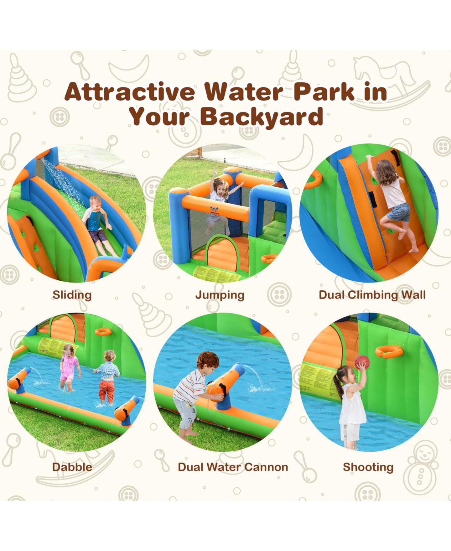 Детская игрушка Slickblue 7-in-1 Inflatable Giant Water Park Bouncer with Dual Climbing Walls and 735W Blower, цвет: Зелёный — фото 8