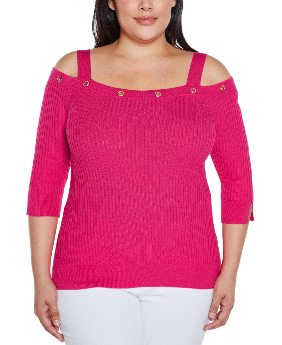 BELLDINI PLUS SIZE BLACK LABEL RHINESTONE GROMMET COLD-SHOULDER SWEATER 