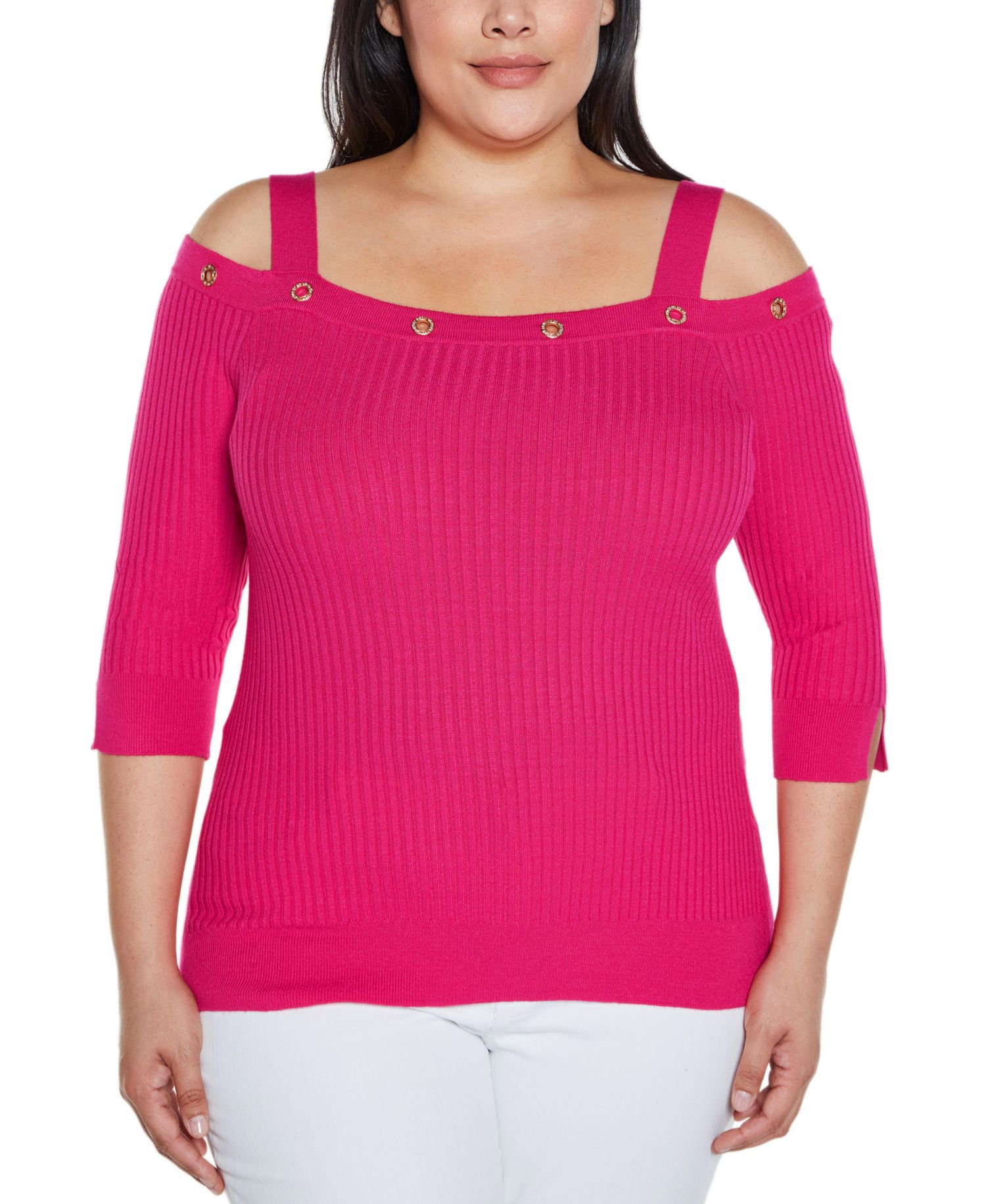 Plus Size Black Label Rhinestone Grommet Cold-Shoulder Sweater