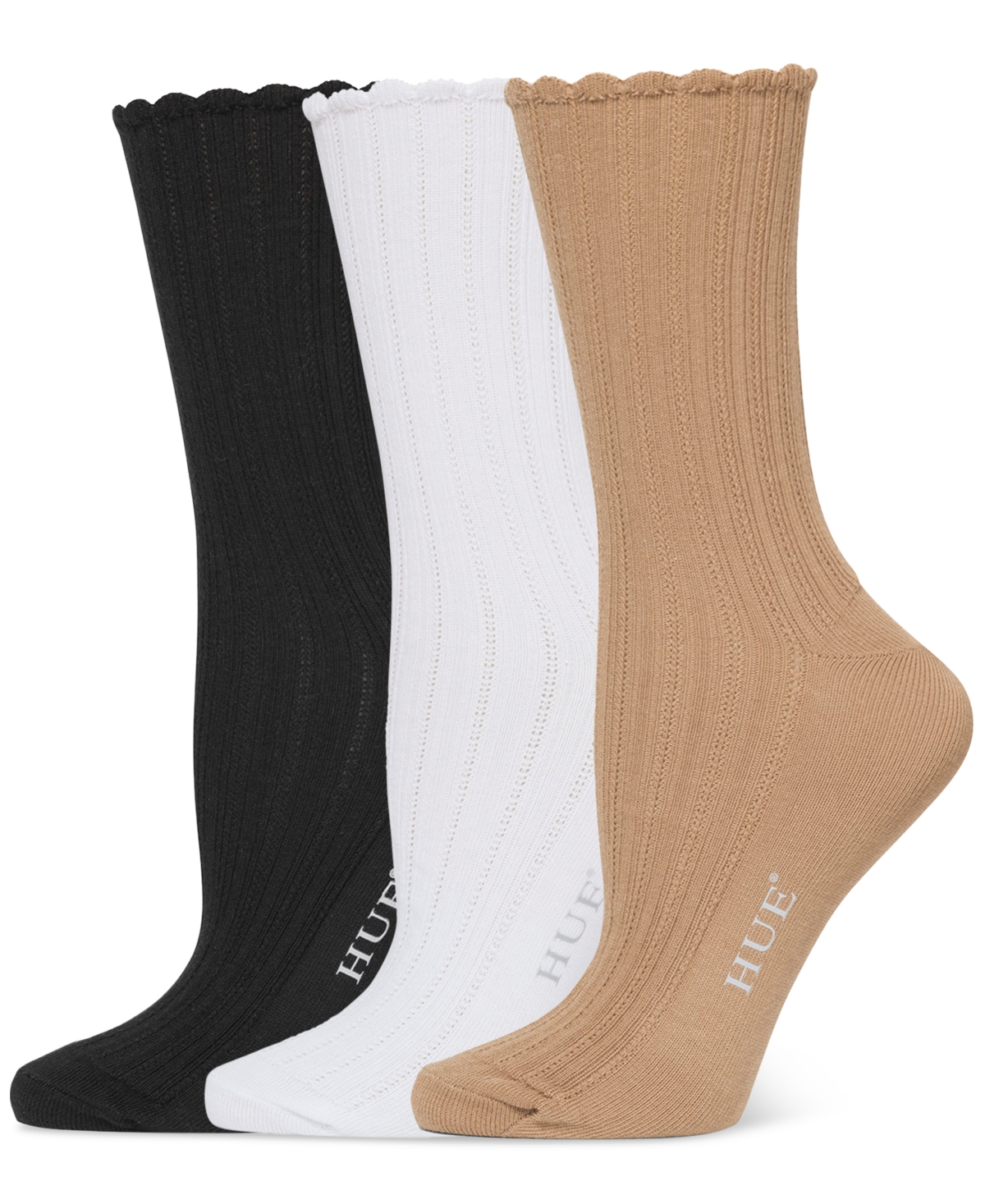 HUE WOMEN'S 3-PK. SCALLOPED POINTELLE CREW SOCKS 