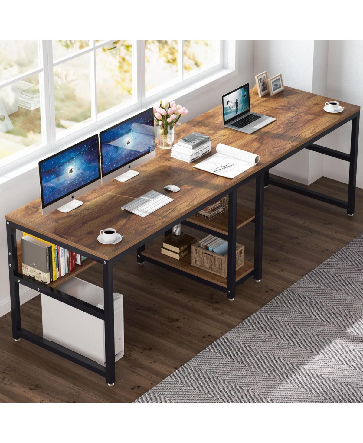 Tribesigns Two Person Desk with Bookshelf, 78.7 Computer Office Double Desk for Two Person, Writing Desk Workstation with Shelf for Home Office - Brow