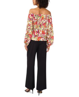 Women's Floral Off-The-Shoulder Long-Sleeve Tie-Front Blouse