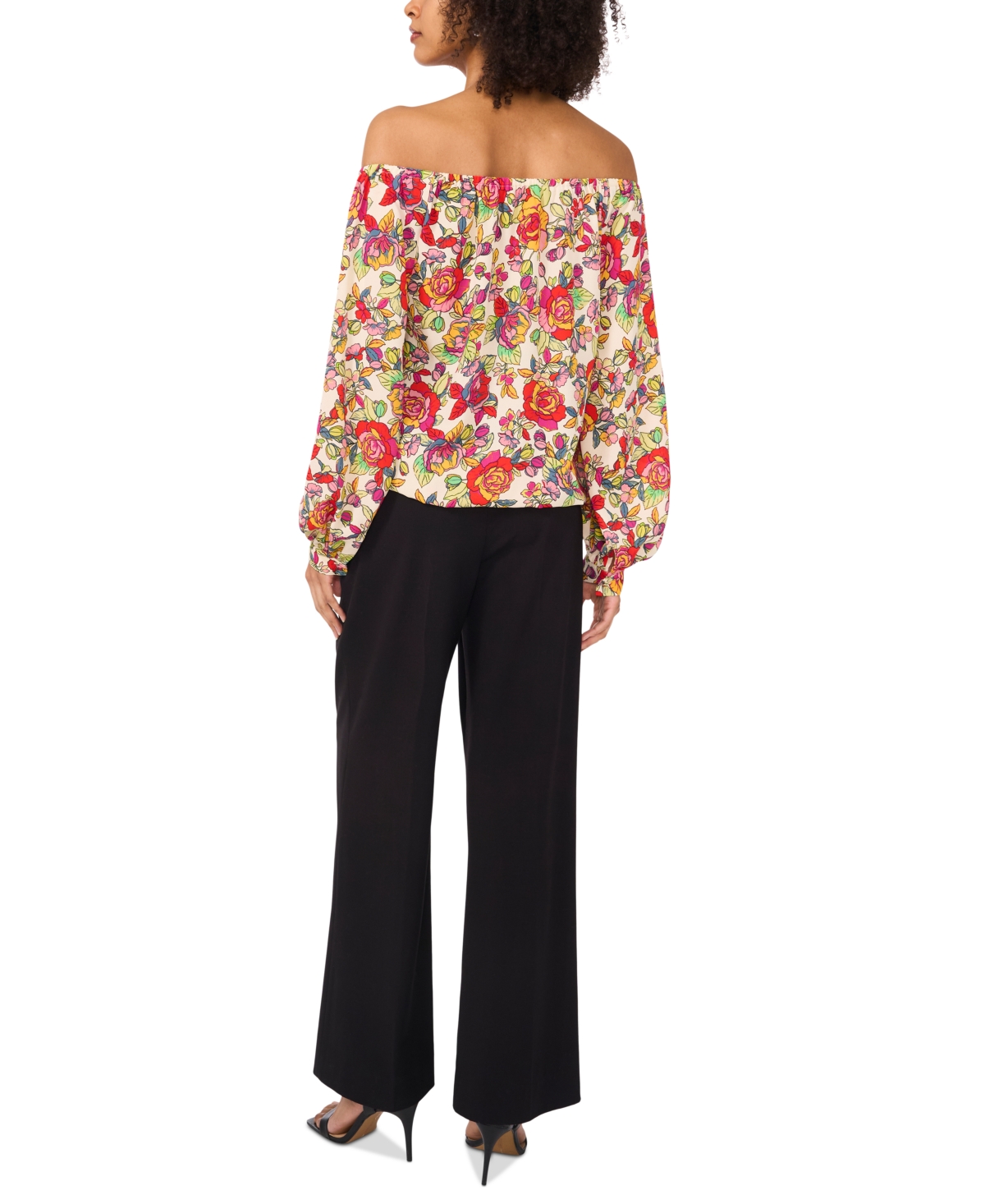 Shop Vince Camuto Women's Floral Off-the-shoulder Long-sleeve Tie-front Blouse In Red