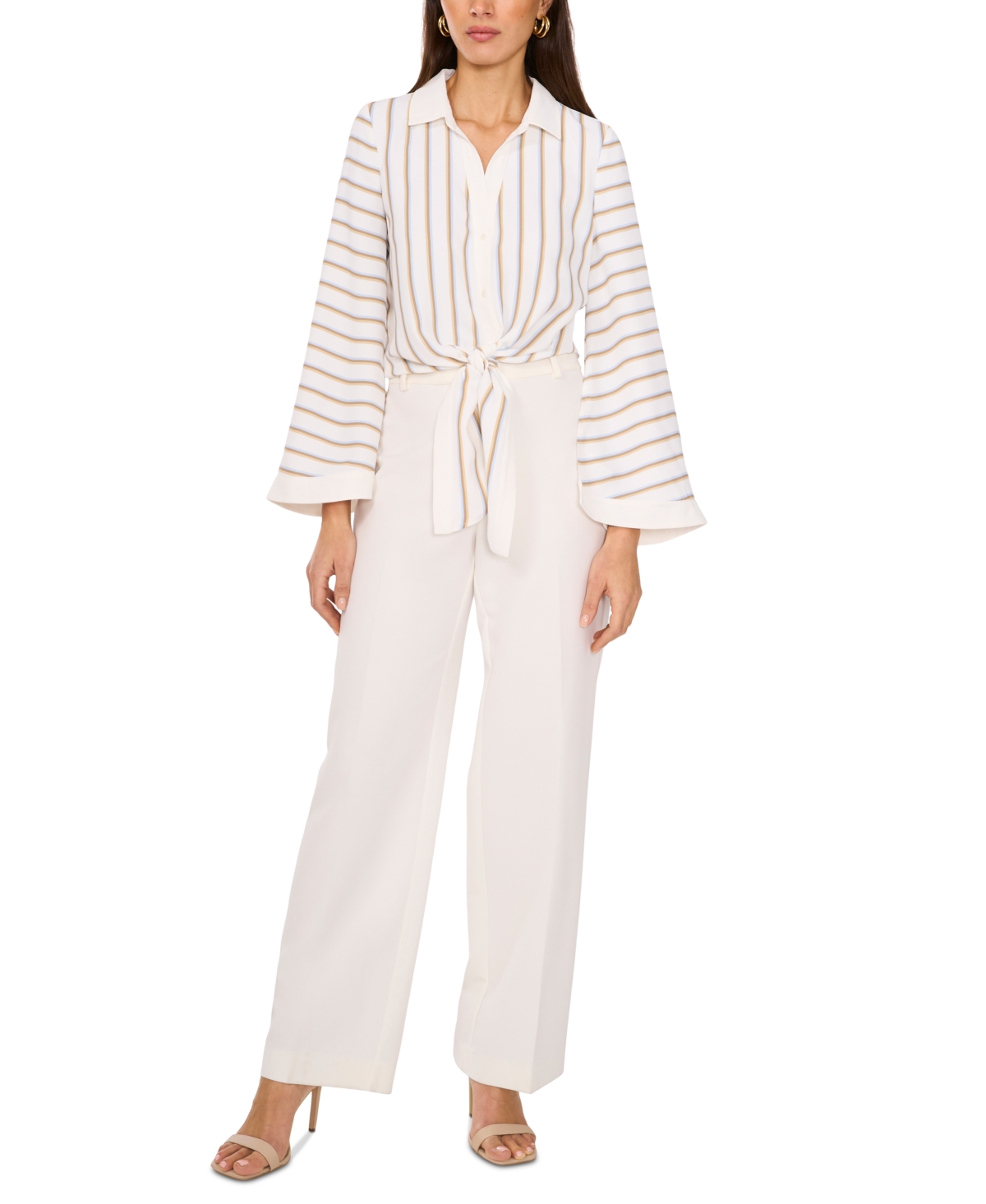 VINCE CAMUTO WOMEN'S STRIPED TIE-HEM WIDE-SLEEVE BUTTON-FRONT TOP 