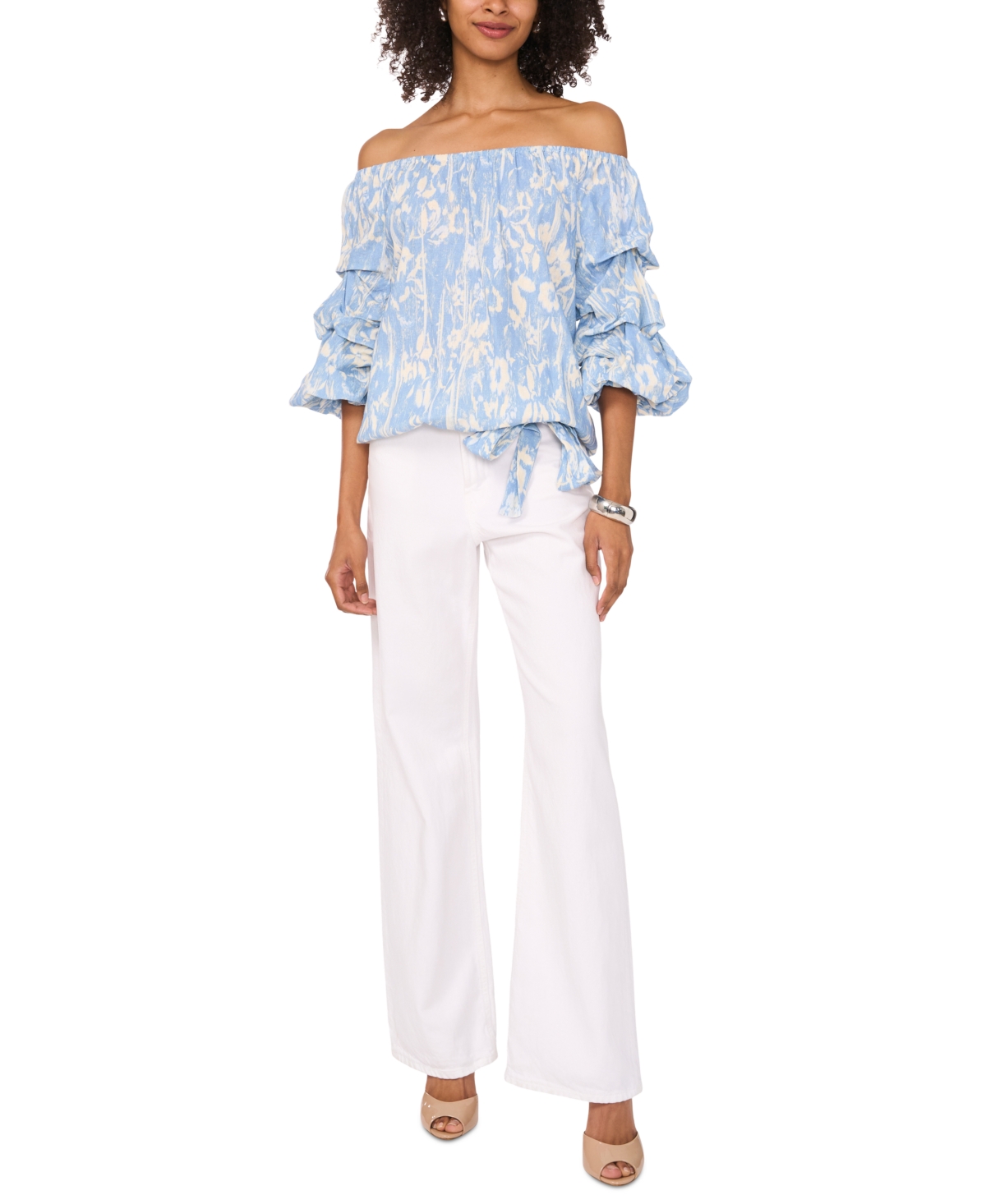 Vince Camuto Women's Printed Linen-blend Off-the-shoulder Bubble 3/4-sleeve Tie-front Blouse In Blue