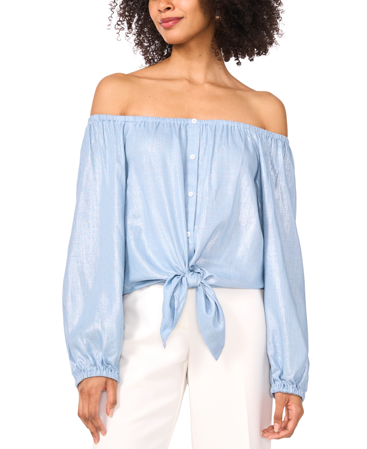 Women's Off-The-Shoulder Tie-Hem Button-Front Top - Lake Breeze