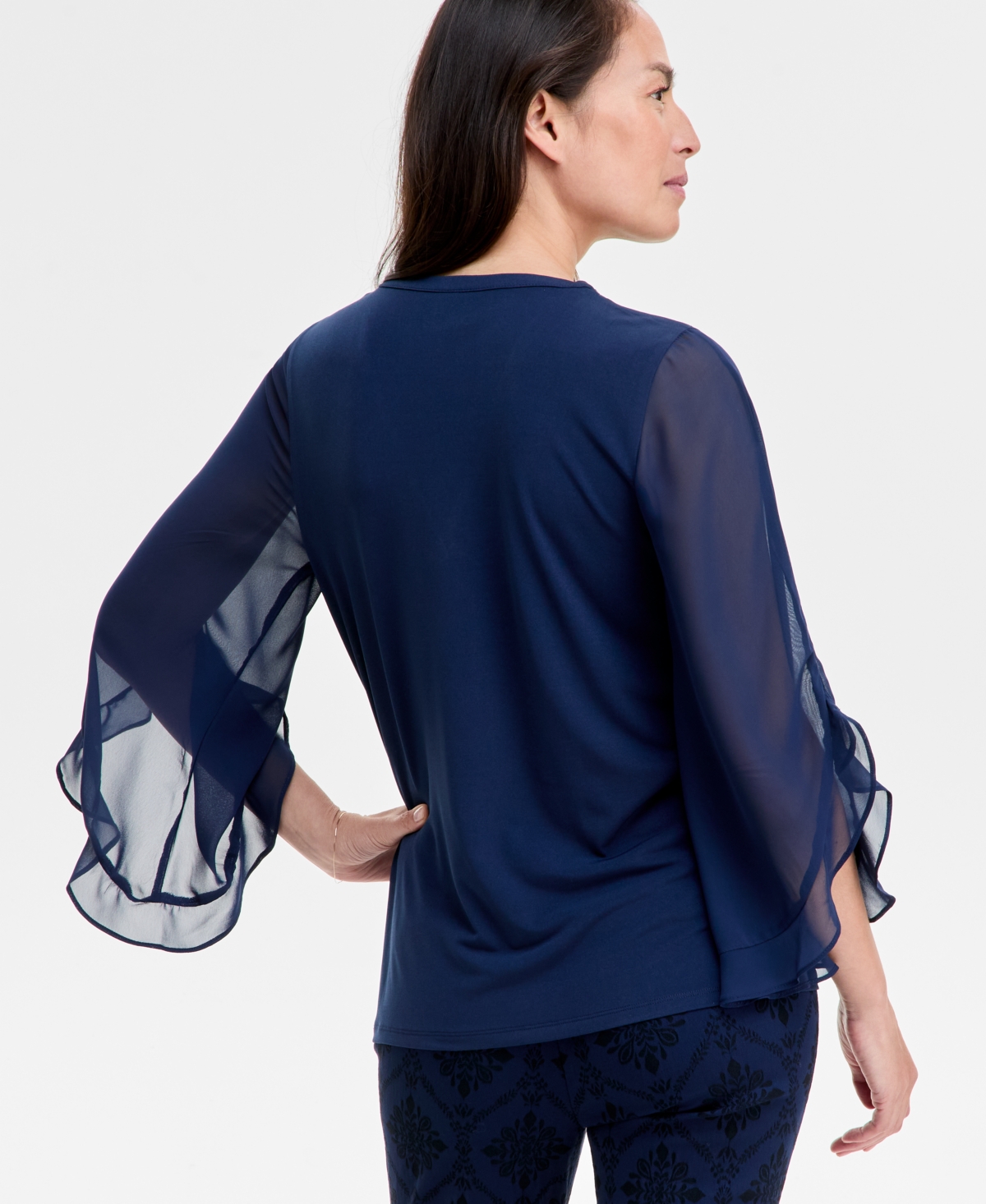 Shop Jm Collection Women's Tulip-sleeve Mixed-media Top, Exclusively At Macy's