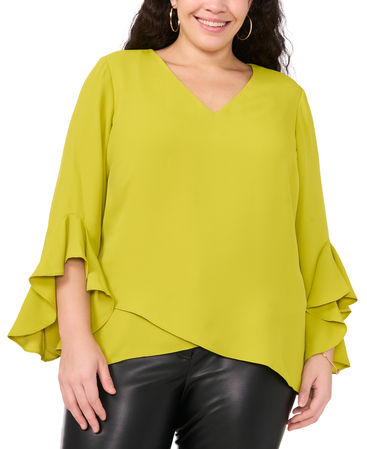 Vince Camuto Flutter Sleeve Crossover Georgette Tunic Top In Green Oasi