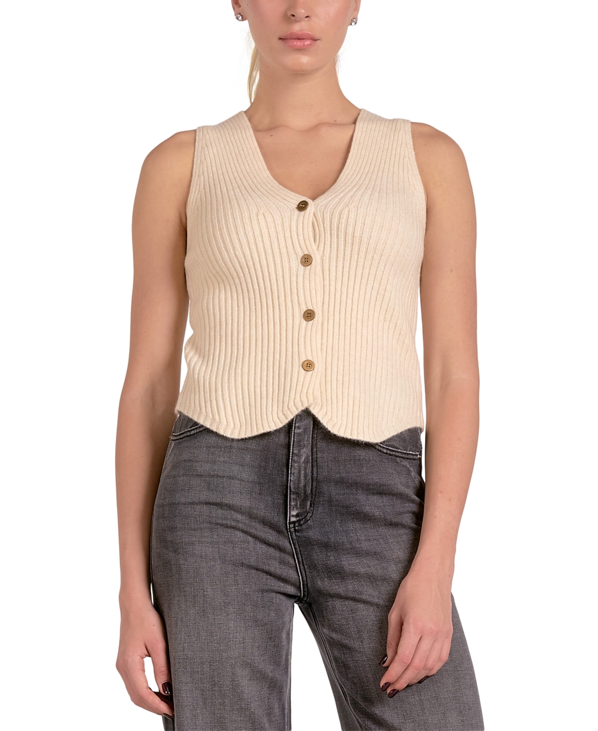 Women's Ribbed-Knit Sleeveless Button-Front Vest - Natural