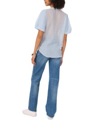 Women's Sequined Puffed-Sleeve Sheer V-Neck Top