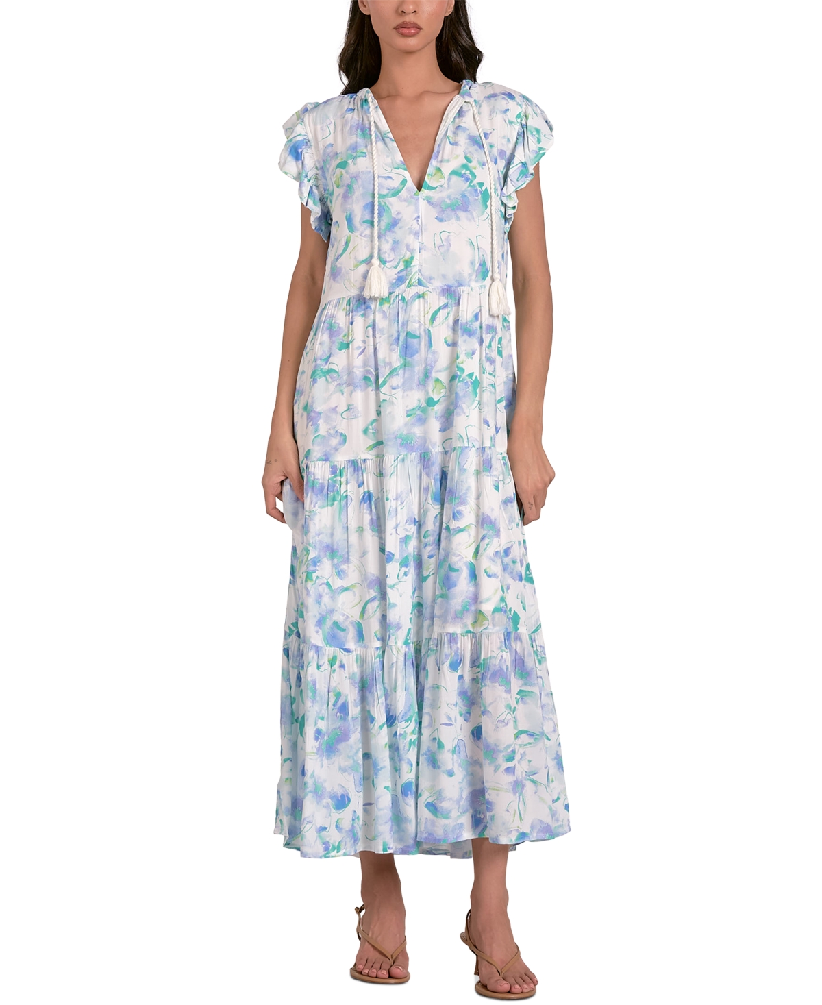 Women's Printed Ruffle-Sleeve Tassel-Tie Maxi Dress - Blue Allure