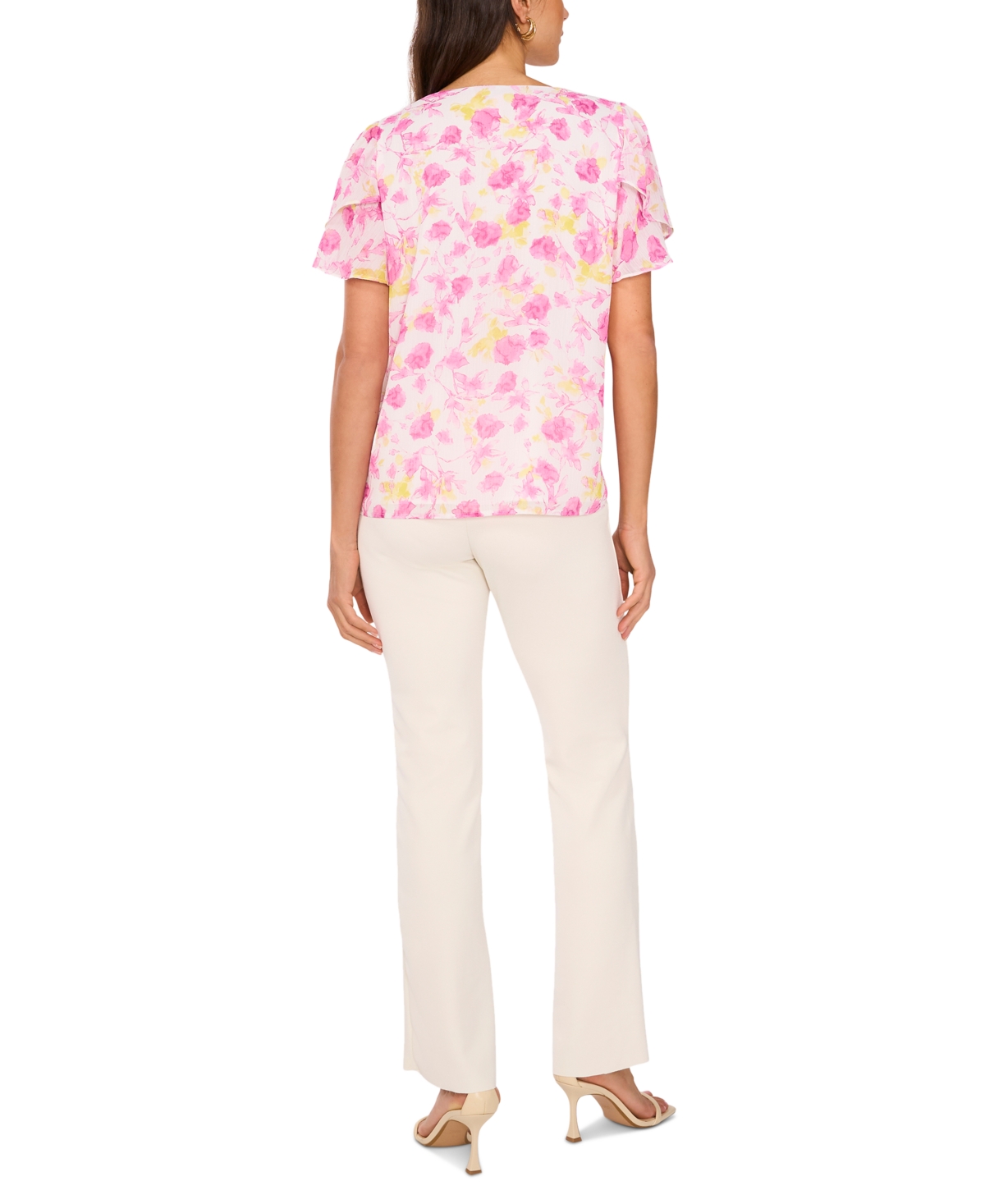 Shop Vince Camuto Women's Floral-print V-neck Tulip-sleeve Top In Violet Blush