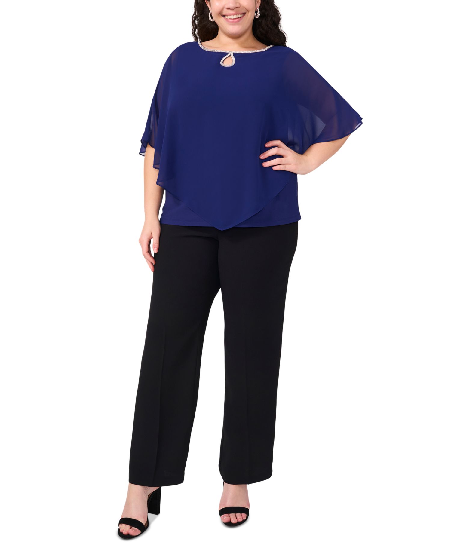 Plus Size Rhinestone-Trim Overlay Cape Top
