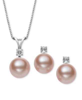 2-Pc. Set Dyed Black Peacock Cultured Freshwater Pearl (9-10mm) & Lab-Created White Sapphire (1/3 ct. t.w.) Pendant Necklace & Stud Earrings in Sterling Silver (Also in Blush Pink Freshwater Pearl)